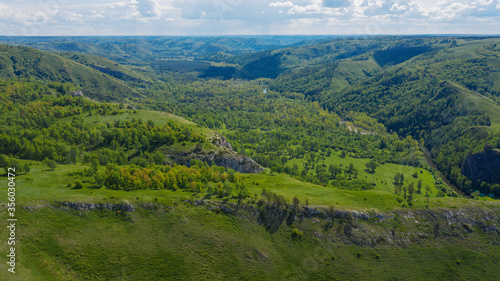 South Urals. Muradymovsky gorge in the spring. Aerial view.