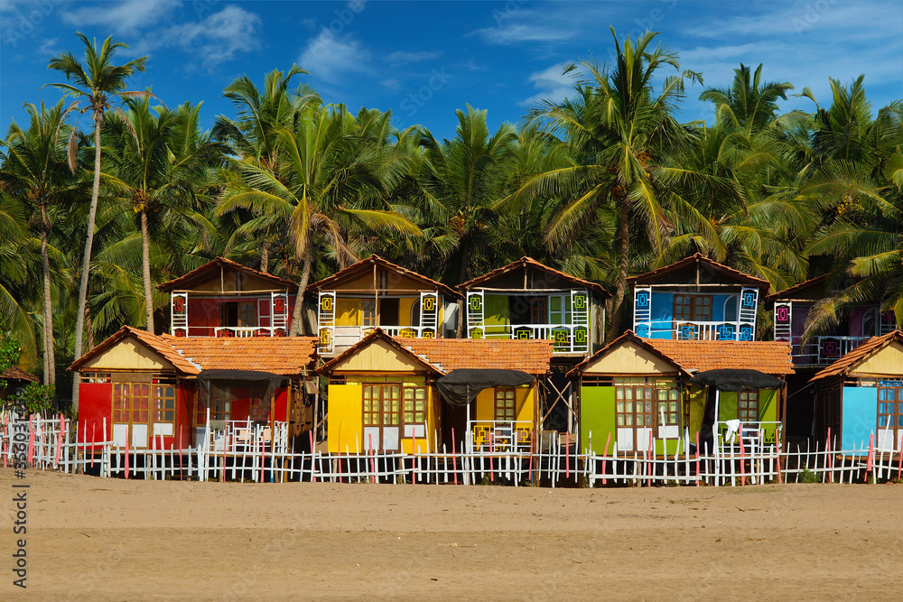 colorful bungalow on the beach of goa -india 