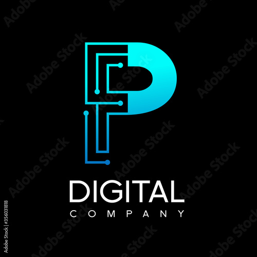 Technology P letter vector logo. This design use alphabet symbol.  Suitable for digital business.