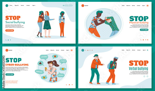 Templates set of web pages to stop bullying with characters of teenagers or schoolchildren, flat vector illustration. The social problem of bullying among young people.