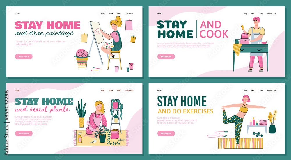 Set of stay home posters with people engaged with hobby and home activity, cartoon vector illustration isolated on white background. People in quarantine at home.