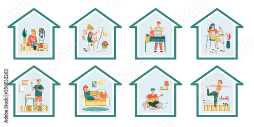 Banner showing various home activities and leisure with people cartoon characters engaged with hobbies and houseworks, vector illustration isolated on white background.