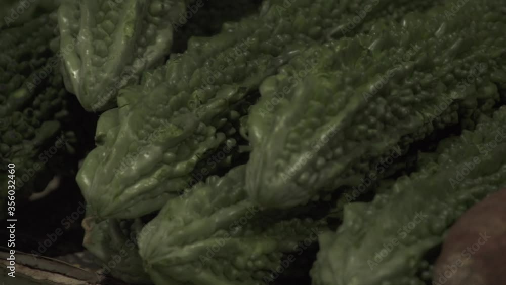 Closeup of a bitter gourd at the Central Fruit and Vegetable Market in Manama, Bahrain Stock