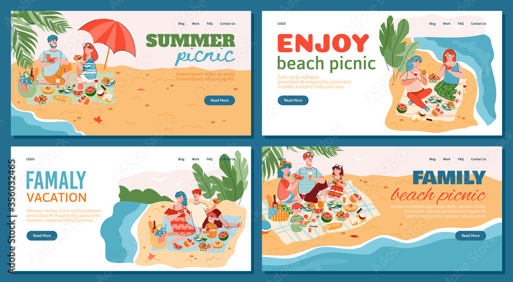 Summer picnic and family vacation banners set with people characters spending time on seashore, cartoon flat vector illustration. Family holidays and recreation.