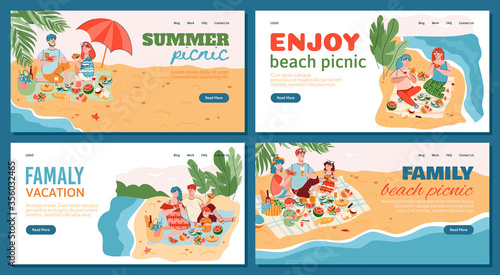 Summer picnic and family vacation banners set with people characters spending time on seashore, cartoon flat vector illustration. Family holidays and recreation.