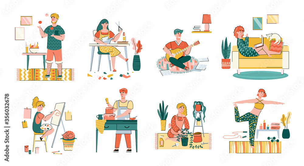 A set of illustrations of people's daily activities: sewing, sports, cooking, entertainment, remote work. People are at home in self-isolation due to the coronavirus epidemic. Vector linear