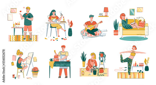 A set of illustrations of people's daily activities: sewing, sports, cooking, entertainment, remote work. People are at home in self-isolation due to the coronavirus epidemic. Vector linear © Kudryavtsev