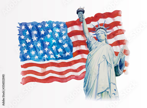 Statue Liberty on flag american- hand drawn in white background.