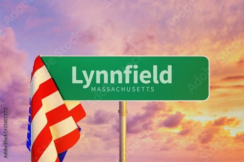 Lynnfield – Massachusetts. Road or Town Sign. Flag of the united states. Blue Sky. Red arrow shows the direction in the city. 3d rendering photo