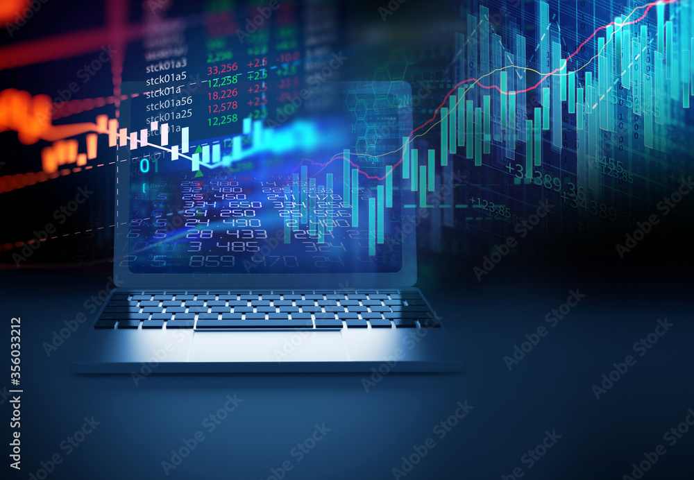 financial stock market graph on laptop screen 3d illustration financial stock market graph on laptop screen 3d illustration