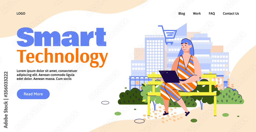 Smart technology website banner. Cartoon woman using laptop and wireless internet in city park and smiling - vector illustration of person online shopping on computer outdoors.