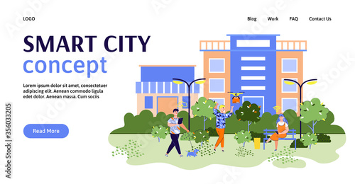 Smart city banner concept with people in city park using modern internet and digital technology. Communication website homepage template, vector illustration.