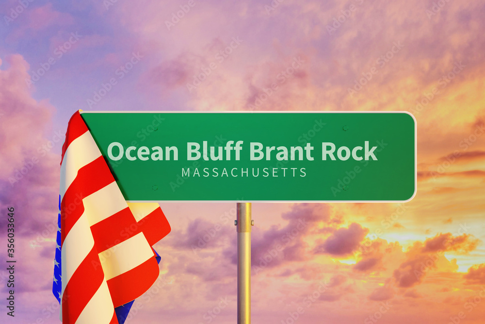 Ocean Bluff Brant Rock Massachusetts. Road or Town Sign. Flag of the