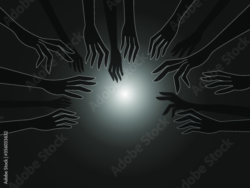 Gloomy black hands stretch toward the center. Concept: fear, phobia, fear of the stage, public speaking, nightmares, claustraphobia, fear of the dark, fear of parents, enemies, staff.
