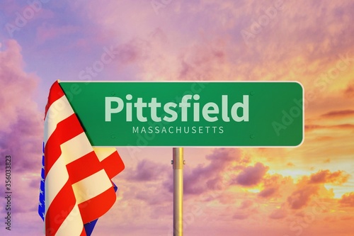 Pittsfield – Massachusetts. Road or Town Sign. Flag of the united states. Blue Sky. Red arrow shows the direction in the city. 3d rendering photo