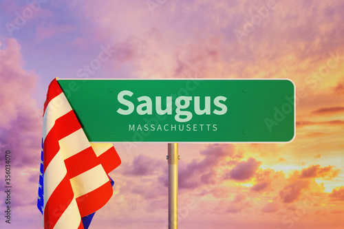 Saugus – Massachusetts. Road or Town Sign. Flag of the united states. Blue Sky. Red arrow shows the direction in the city. 3d rendering photo