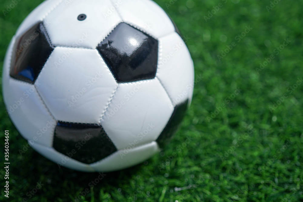 Traditional soccer ball or football on soccer football field. Copy space for text
