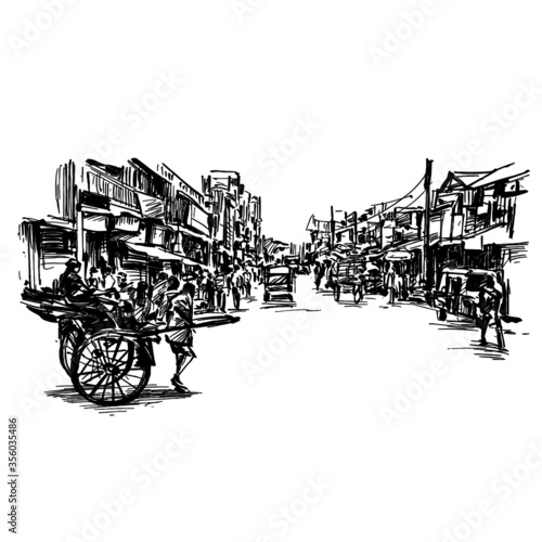 Drawing of India street at local market show the  traffic and old buildings 