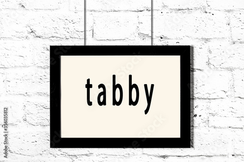 Black frame hanging on white brick wall with inscription tabby photo