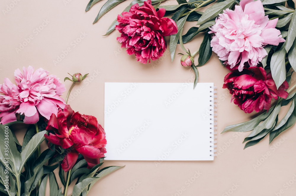 Notebook and frame of beautiful peonies on beige background. Spring or summer floral background