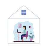 A woman works at home at a pc. The concept of freelancing, office work, isolation during the coronavirus quarantine.  Vector illustration of a flat style.
