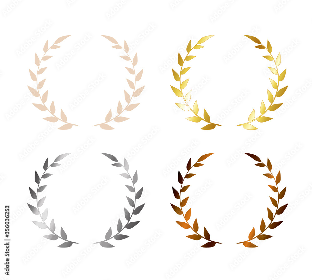 Laurel leaf wreath icon set. Vector Olive wreath award for certificate. gold, silver, bronze, beige. Wreath trophy emblem for a winner. Graphic illustration Laurel leaf wreath icon set. Vector Olive wreath award for certificate. gold, silver, bronze, beige. Wreath trophy emblem for a winner. Graphic illustration