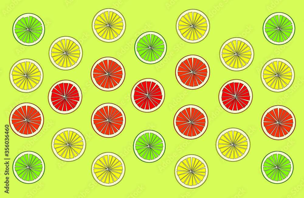 Various citrus fruit slices in yellow background.