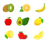 Fruits illustrations kiwi orange banana apple avocado lemon strawberry Vector