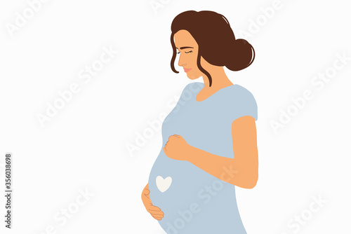 Vector illustration of a pregnant woman, touching her belly. Drawing in flat style on the color background