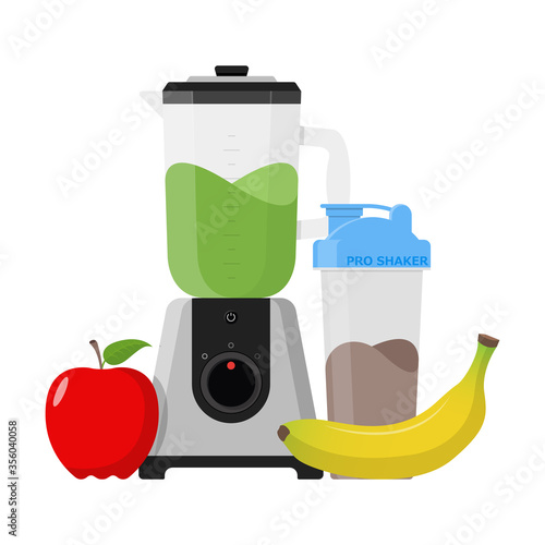 Blender protein shaker and fruits Diet illustration Banana apple Vector