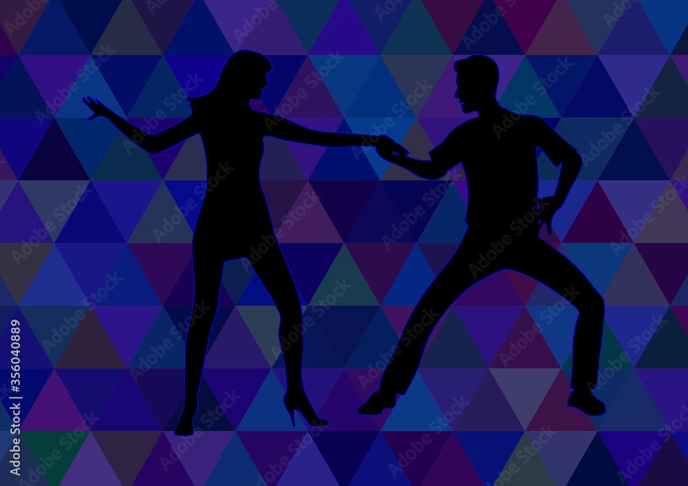 black silhouette of a dancing girl and a guy on a dark blue polygonal background. Rumba, bachata, cha cha cha, salsa, forro.
