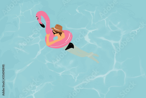 Woman with inflatable flamingo in the swimming pool. Concept of a summer vacation. Vector illustration in flat cartoon style