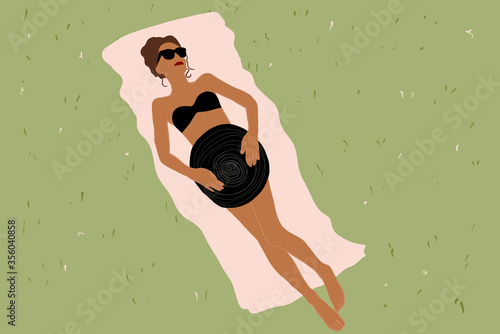 Vector illustration of a beautiful woman in swimwear sunbathing on a blanket. Concept of a summer vacation and suntan