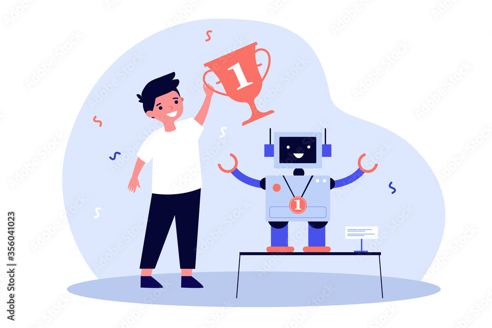 Young engineer making robot and winning award flat vector illustration. Cartoon winner holding cup for electronic toy. School programming project and competition concept Young engineer making robot and winning award flat vector illustration. Cartoon winner holding cup for electronic toy. School programming project and competition concept
