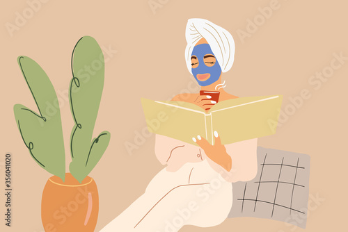 Woman reading a book during some beauty treatments, applying facial mask at home. Vector illustration in flat cartoon style