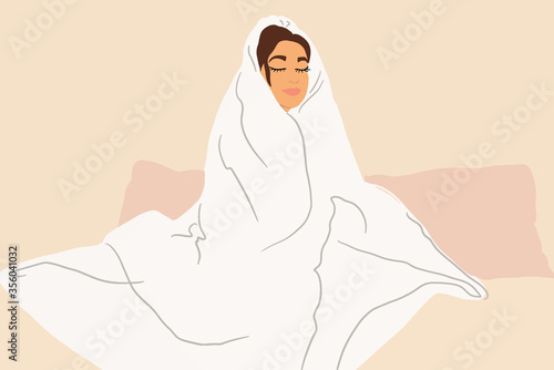 Sleepy woman covered with a white blanket on the couch at home. Concept of a self-isolation and flu diseases at home. Vector illustration in flat cartoon style