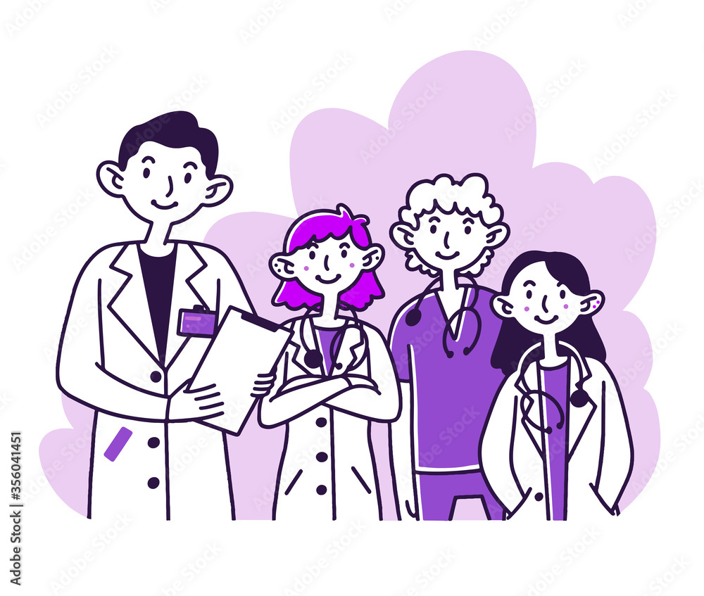 Hospital doctor staff. Team of physicians in white coats and scrubs with stethoscopes flat illustration. Medicine, occupation, clinic concept for banner, website design or landing web page Hospital doctor staff. Team of physicians in white coats and scrubs with stethoscopes flat illustration. Medicine, occupation, clinic concept for banner, website design or landing web page