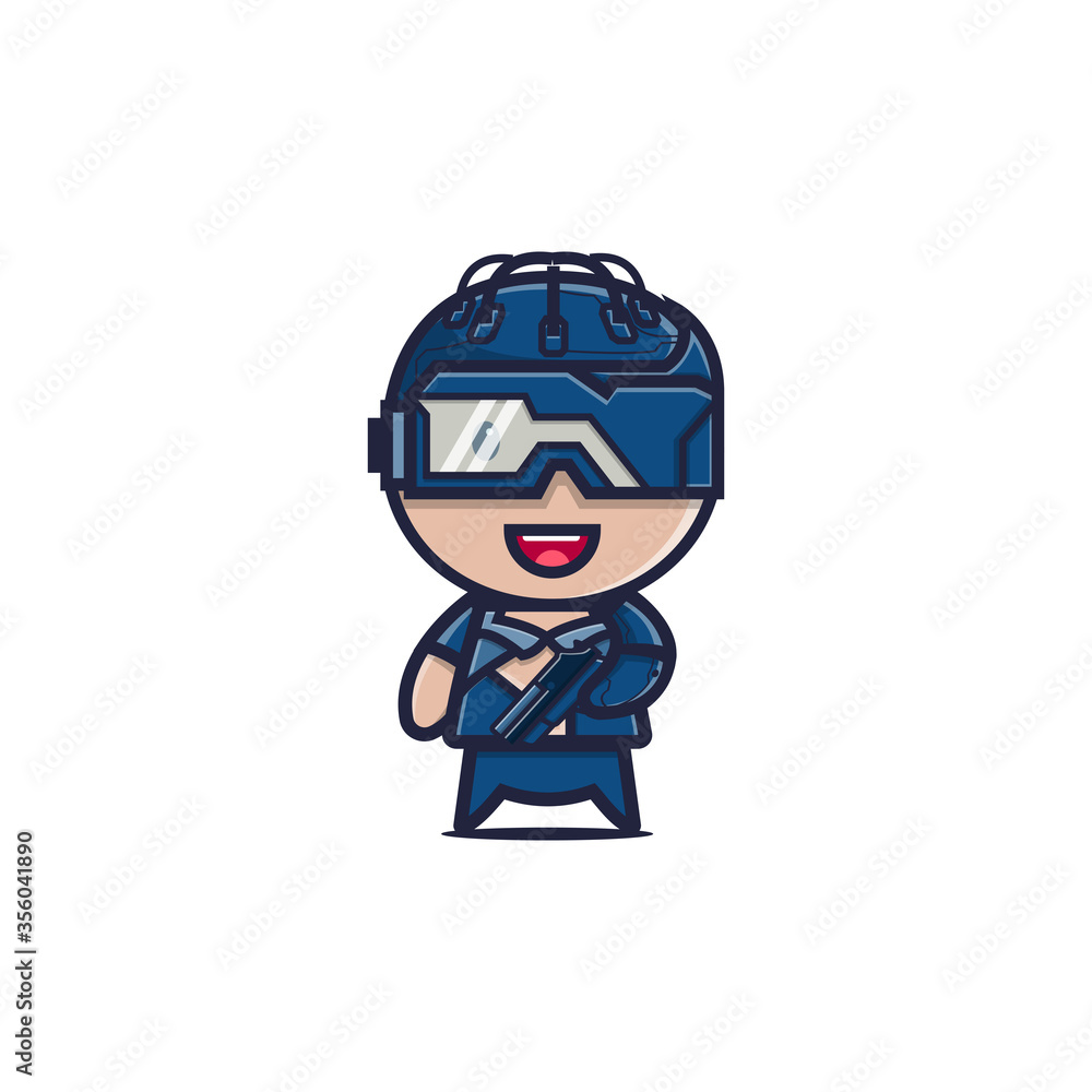 Cute cyborg cartoon character holding futuristic gun vector illustration Cute cyborg cartoon character holding futuristic gun vector illustration