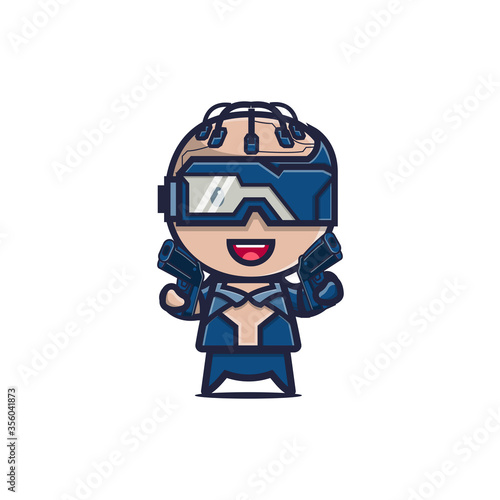 Cute futuristic robot cartoon character aiming two gun vector illustration © didik