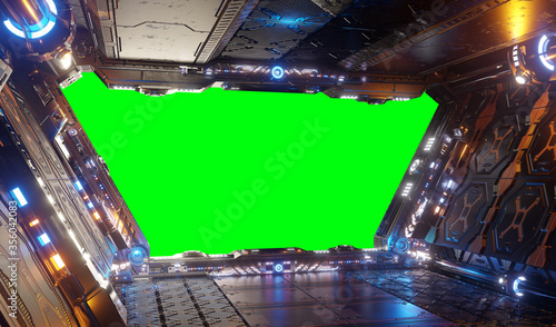 Fototapeta Naklejka Na Ścianę i Meble -  Orange and blue futuristic spaceship interior with green window 3d rendering