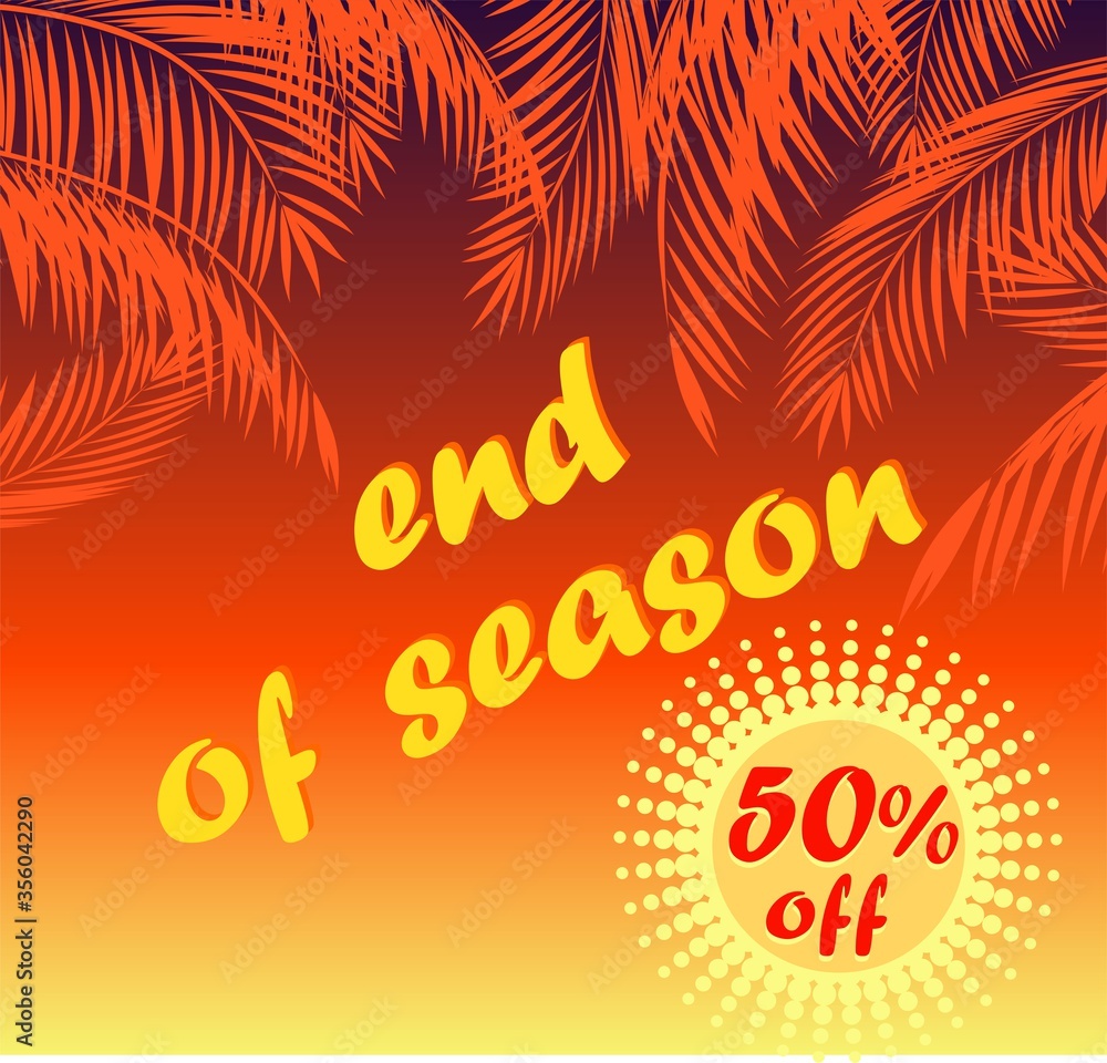 Discount label for summer sale with fan-leaved orange palm branches, offer label and end of season lettering