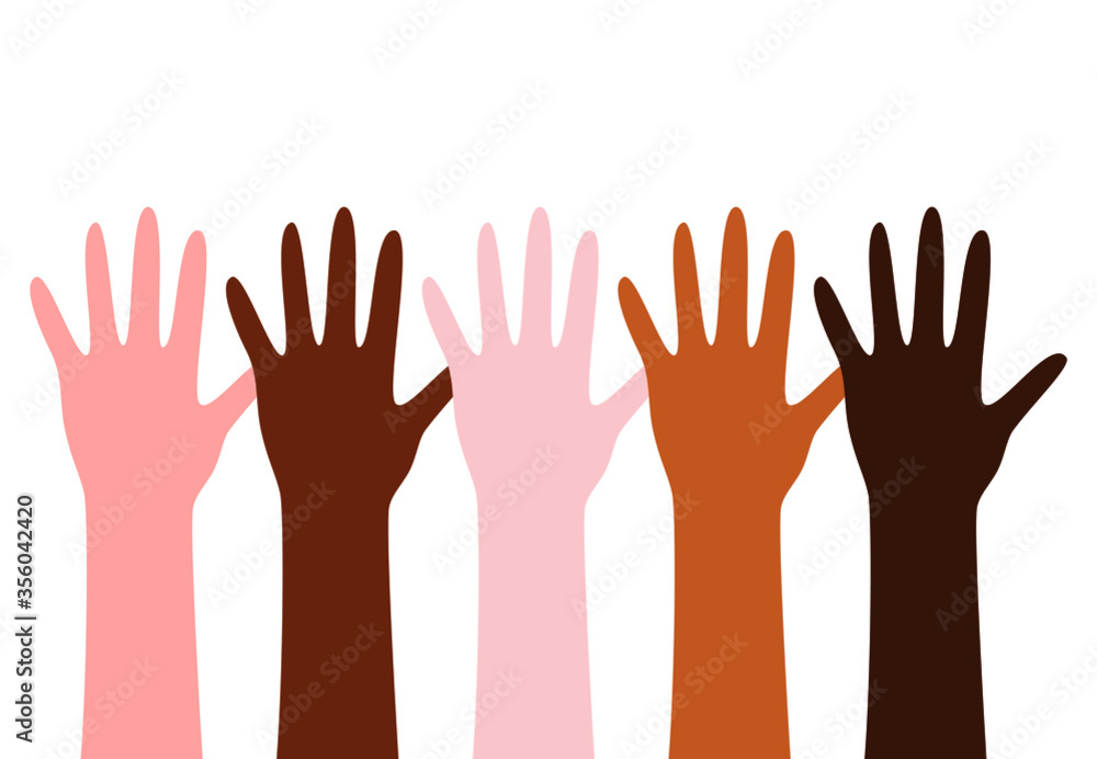 Hands of different skin color and races people. Diversity and equality consept. Flat vector design illustration