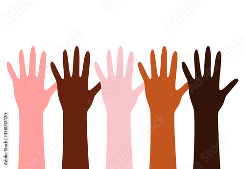 Hands of different skin color and races people. Diversity and equality consept. Flat vector design illustration