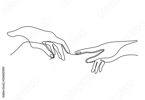 Continuous line vector illustration of two hands barely touching one another. Simple sketch of two hands made of one line, love concept