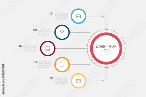 Infographics business process with 5 steps or options circles. Data visualization. Can be used for workflow layout, diagram, banner, web design. Vector illustration.