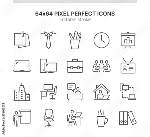 Simple Set of Icons Related to Office Work. Contains such icons as Work from Home, Meeting, Reception and more. Lined Style. 64x64 Pixel Perfect. Editable Stroke.