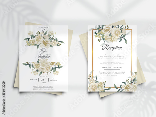 elegant flower and leaves wedding invitation card with floral overlay shadow