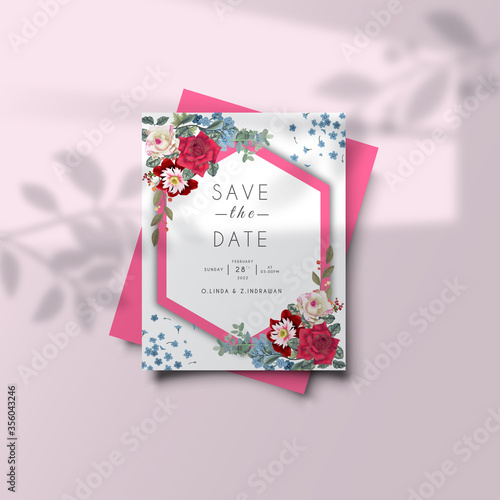 elegant flower and leaves wedding invitation card with floral overlay shadow