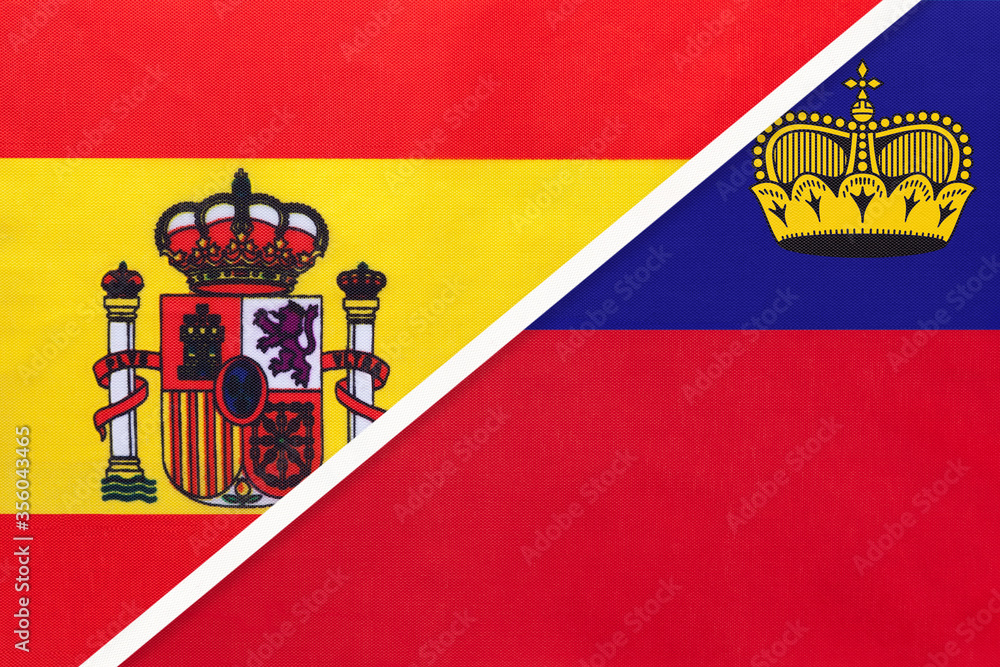 Obraz premium Spain and Liechtenstein, symbol of two national flags from textile. Championship between two european countries.