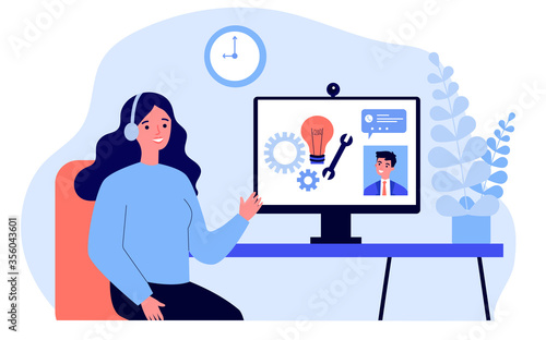 Young woman talking with service assistant online. Computer, distance, chat flat vector illustration. Isolation and digital technology concept for banner, website design or landing web page
